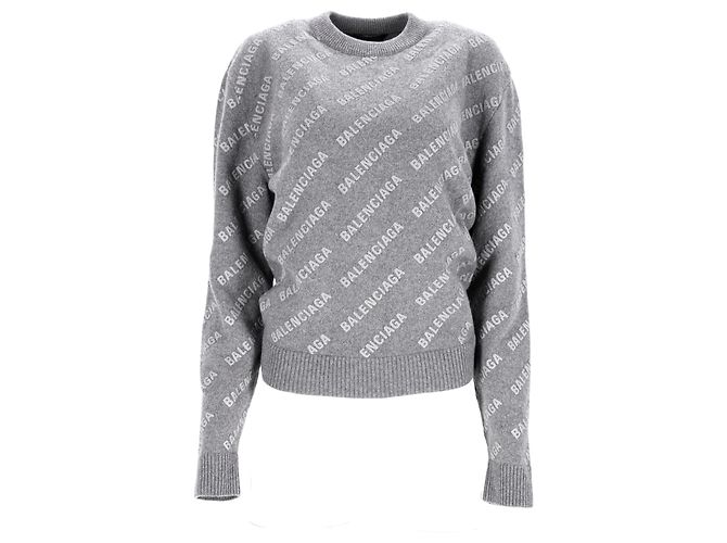 Grau Wollpullover mit Balenciaga-Logo über die gesamte Fläche - Ansicht 7