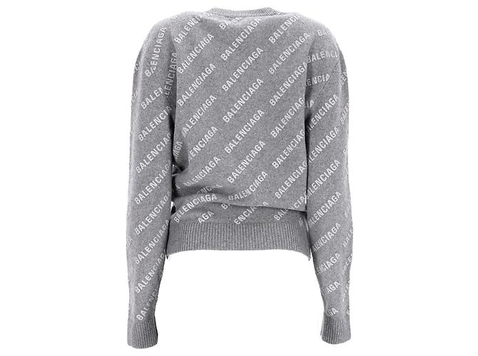 Grau Wollpullover mit Balenciaga-Logo über die gesamte Fläche - Ansicht 9