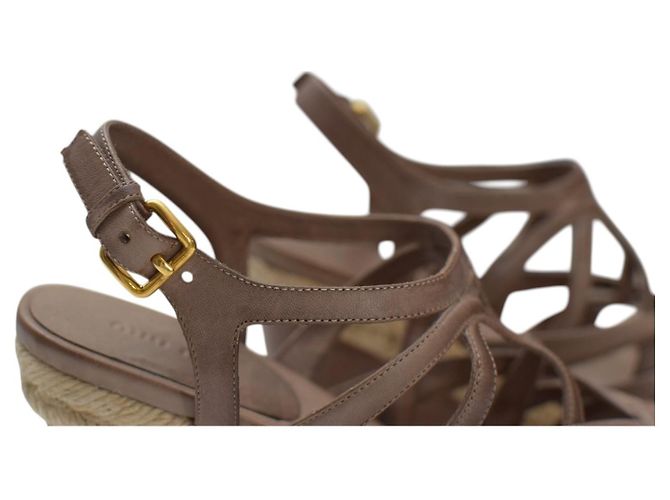 Sandales à plateforme en jute et cuir marron Miu Miu, talon compensé, taille 39 - vue 15