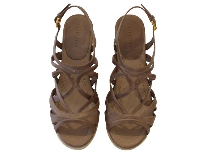 Sandales à plateforme en jute et cuir marron Miu Miu, talon compensé, taille 39 - vue 5