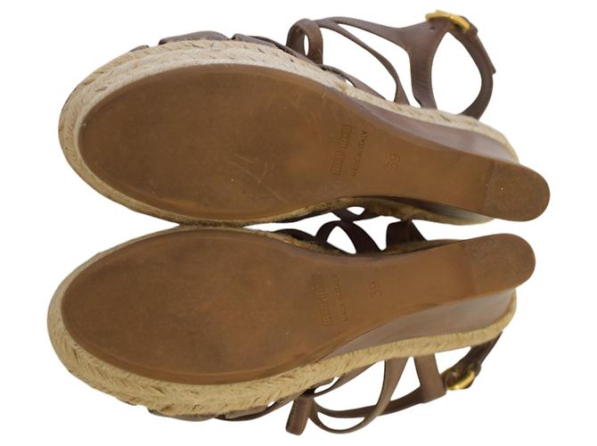 Sandales à plateforme en jute et cuir marron Miu Miu, talon compensé, taille 39 - vue 6