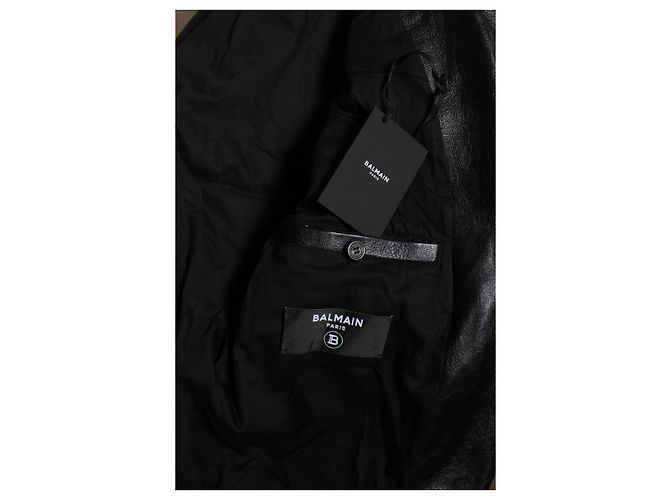Balmain, Giacca da motociclista in pelle nera con cerniere e logo Nero - vista 10