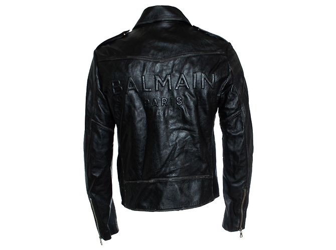 Balmain, Giacca da motociclista in pelle nera con cerniere e logo Nero - vista 2