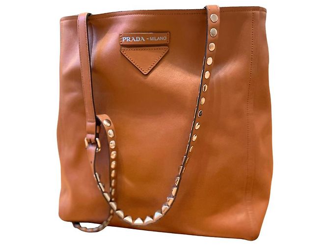 Borsa shopper Prada in pelle marrone cognac - vista 3