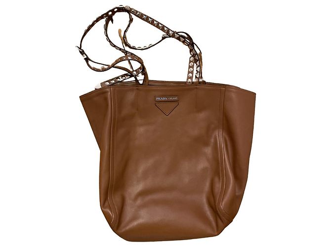 Borsa shopper Prada in pelle marrone cognac - vista 6