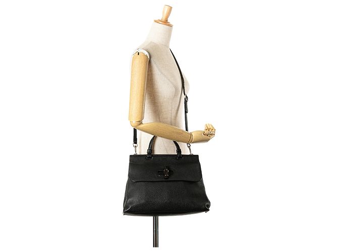 Borsa satchel Gucci Black Medium Calfskin Bamboo Daily Nero - vista 12