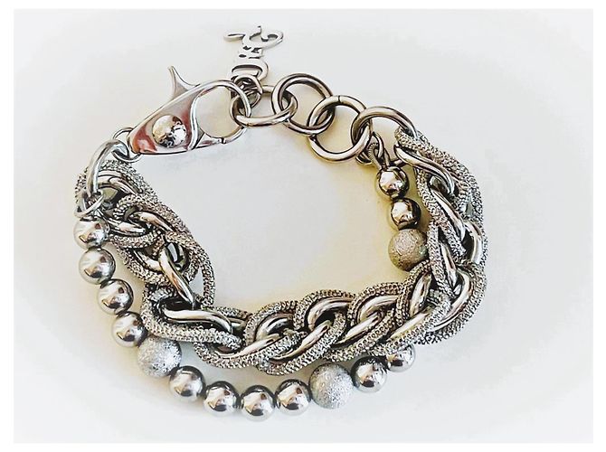 Splendida parure DOLCE & GABBANA in acciaio argento doppia catena ad anelli e palline lucide e diamantate - vista 11