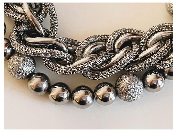 Splendida parure DOLCE & GABBANA in acciaio argento doppia catena ad anelli e palline lucide e diamantate - vista 12