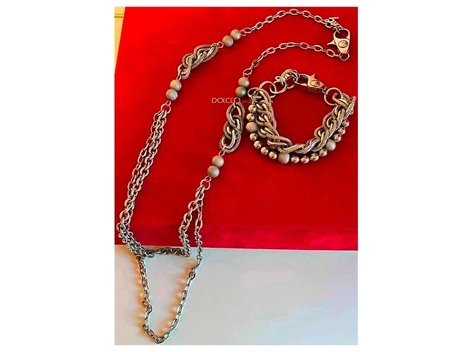 Splendida parure DOLCE & GABBANA in acciaio argento doppia catena ad anelli e palline lucide e diamantate - vista 2