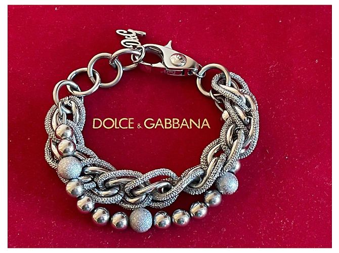 Splendida parure DOLCE & GABBANA in acciaio argento doppia catena ad anelli e palline lucide e diamantate - vista 3