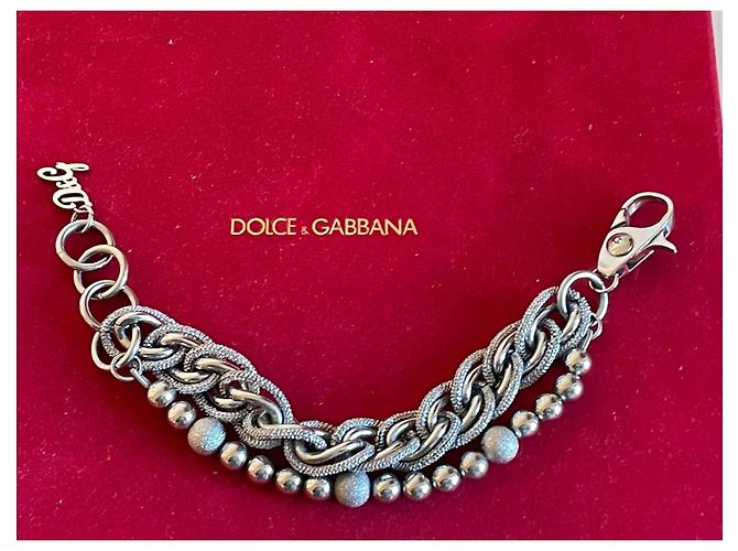 Splendida parure DOLCE & GABBANA in acciaio argento doppia catena ad anelli e palline lucide e diamantate - vista 5