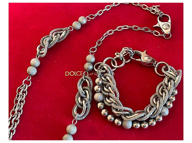 Splendida parure DOLCE & GABBANA in acciaio argento doppia catena ad anelli e palline lucide e diamantate - vista 6
