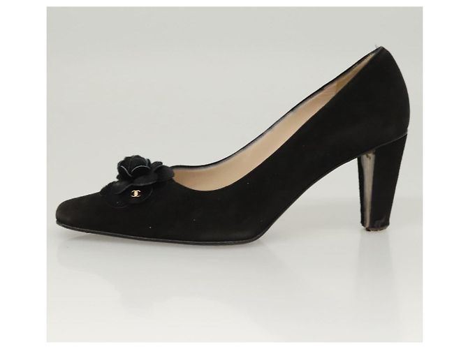 CHANEL Escarpins en daim noir CC Auth am8442 - vue 24