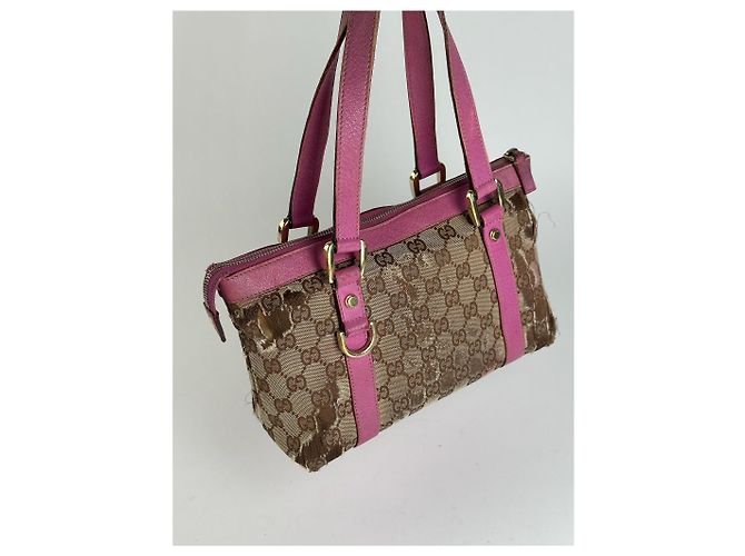 Vintage Gucci Monogram Baumwolltasche Beige Lila Pink - Ansicht 10