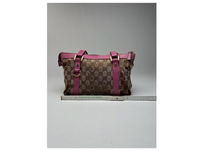 Vintage Gucci Monogram Baumwolltasche Beige Lila Pink - Ansicht 14