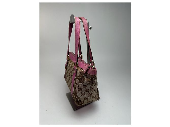 Vintage Gucci Monogram Baumwolltasche Beige Lila Pink - Ansicht 15