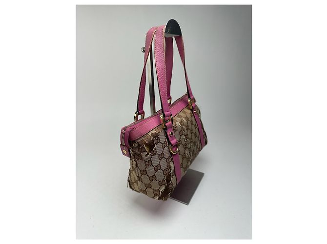 Vintage Gucci Monogram Baumwolltasche Beige Lila Pink - Ansicht 2