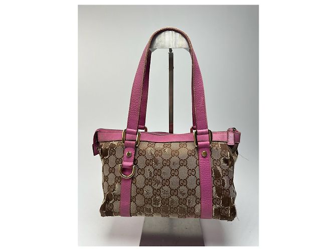 Vintage Gucci Monogram Baumwolltasche Beige Lila Pink - Ansicht 3