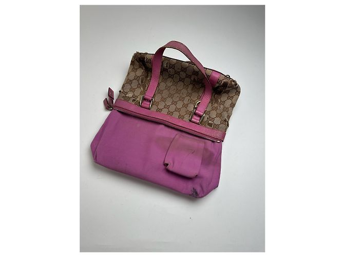 Vintage Gucci Monogram Baumwolltasche Beige Lila Pink - Ansicht 5