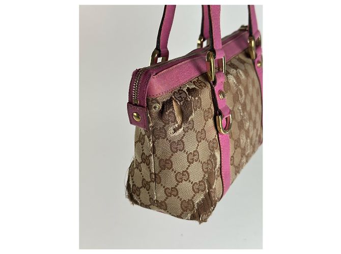 Vintage Gucci Monogram Baumwolltasche Beige Lila Pink - Ansicht 8