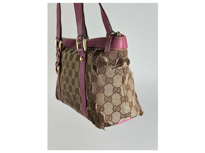 Vintage Gucci Monogram Baumwolltasche Beige Lila Pink - Ansicht 9