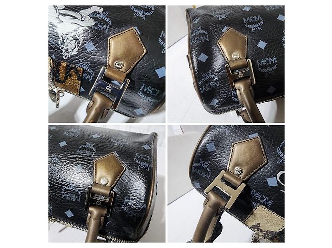 Bolsa MCM Visetos Lion Princess Boston Preto/Cinza/Dourado - vista 13