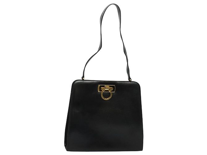 Borsa a Spalla Gancini in Pelle Nera e Oro Auth MX418 di Salvatore Ferragamo Nero D'oro - vista 13