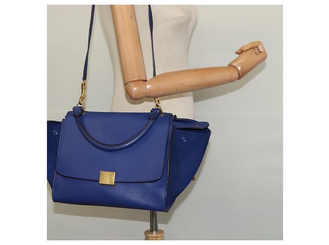 Céline Borsa a mano Trapeze CELINE in pelle scamosciata 2 in 1 blu oro Auth BA2409 D'oro - vista 24