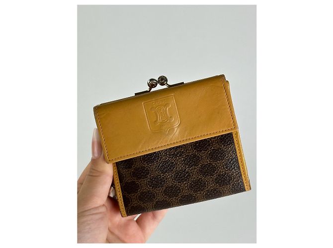 Céline Vintage Celine Paris Monogram Leather Wallet Brown Yellow - view 4