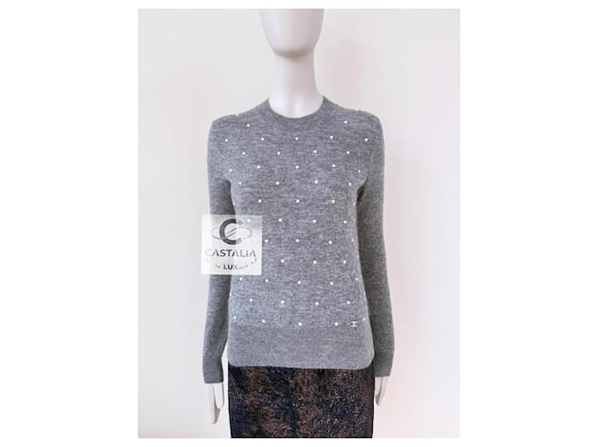 Chanel Alpakapullover mit Schmuckperlen 34 FR Grau - Ansicht 2