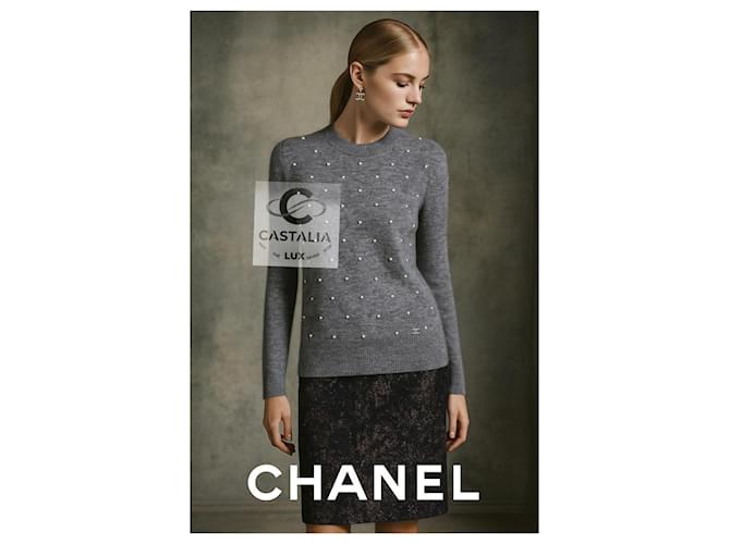 Chanel Alpakapullover mit Schmuckperlen 34 FR Grau - Ansicht 4