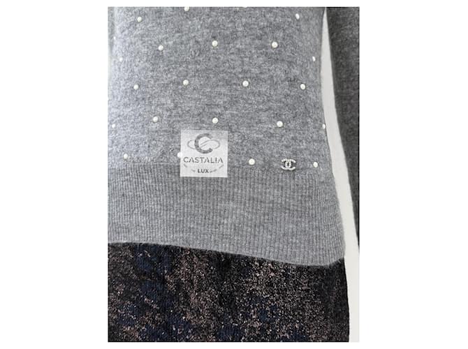 Chanel Alpakapullover mit Schmuckperlen 34 FR Grau - Ansicht 6