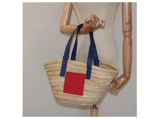 LOEWE Borsa Anagramma Cesta Borsa a Mano Rafia Pelle Beige Rosso Argento Auth am8437 - vista 21