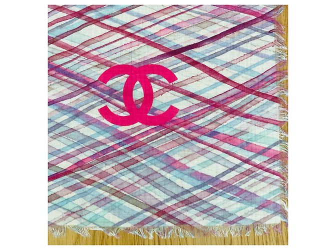 CHANEL Baumwoll-Kaschmir Pareo – Pre-Fall Kollektion Pink Weiß Blau Fuschia - Ansicht 9