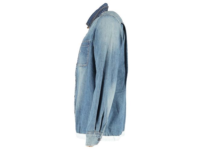 Hellblau gestickte Sacai Dr. Woo Hemd aus Denim mit Grosgrain-Besatz - Ansicht 2