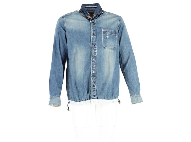 Hellblau gestickte Sacai Dr. Woo Hemd aus Denim mit Grosgrain-Besatz - Ansicht 4