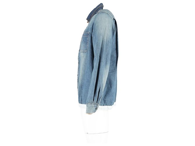 Hellblau gestickte Sacai Dr. Woo Hemd aus Denim mit Grosgrain-Besatz - Ansicht 5