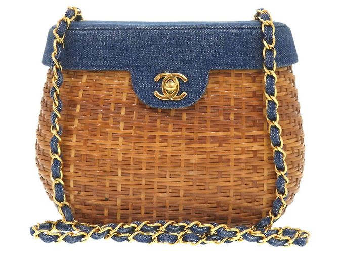 Borsa a spalla in paglia e pelle blu navy Chanel - vista 2