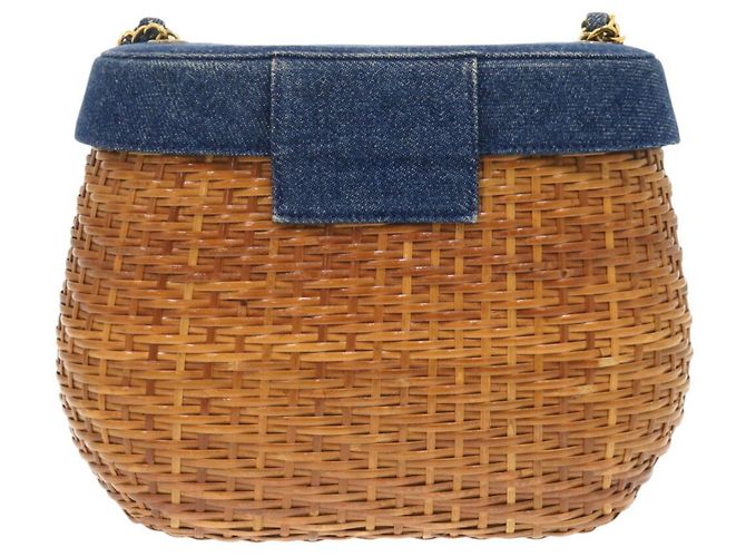 Borsa a spalla in paglia e pelle blu navy Chanel - vista 3