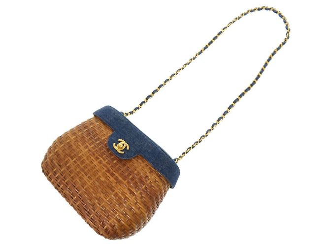 Borsa a spalla in paglia e pelle blu navy Chanel - vista 7