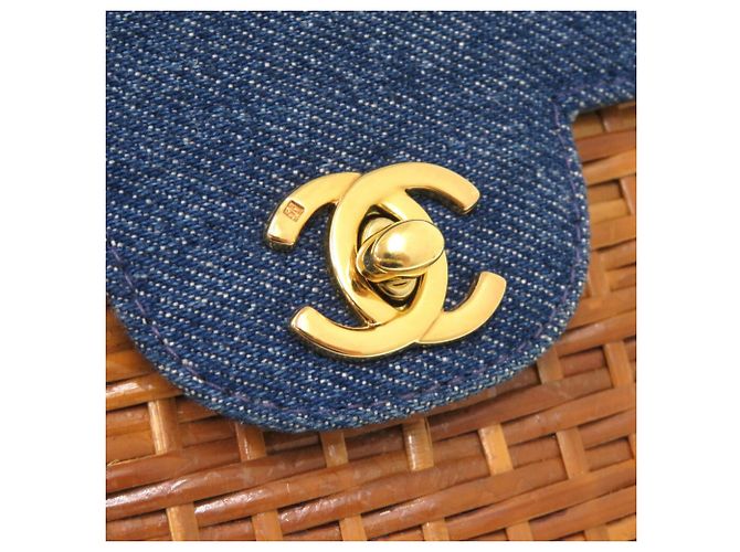 Borsa a spalla in paglia e pelle blu navy Chanel - vista 8