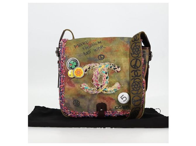 Borsa a spalla CHANEL ricamata graffiti in tela e pelle khaki CC Auth yk18413SM Cachi - vista 12
