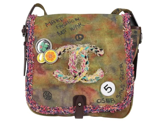 Borsa a spalla CHANEL ricamata graffiti in tela e pelle khaki CC Auth yk18413SM Cachi - vista 13
