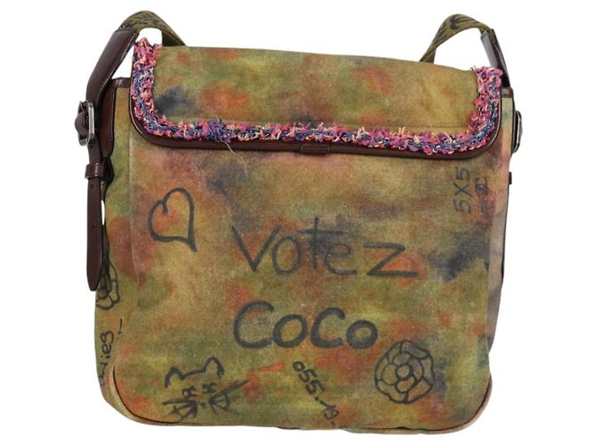 Borsa a spalla CHANEL ricamata graffiti in tela e pelle khaki CC Auth yk18413SM Cachi - vista 2