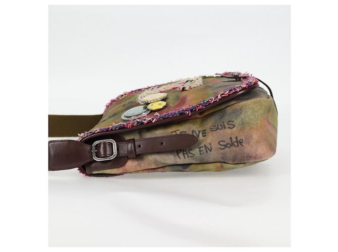 Borsa a spalla CHANEL ricamata graffiti in tela e pelle khaki CC Auth yk18413SM Cachi - vista 3