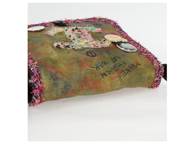 Borsa a spalla CHANEL ricamata graffiti in tela e pelle khaki CC Auth yk18413SM Cachi - vista 6