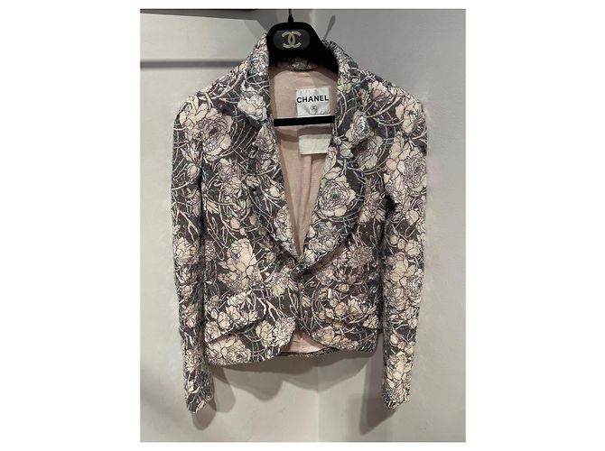 Giacca Chanel con paillettes rosa e grigia in seta Grigio - vista 2