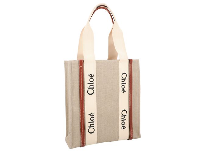 Chloé Woody Tragetasche aus Leinen und Leder Braun Beige - Ansicht 2