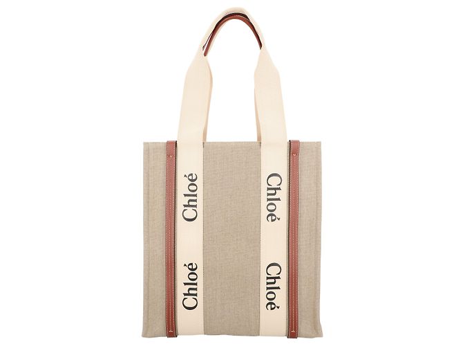 Chloé Woody Tragetasche aus Leinen und Leder Braun Beige - Ansicht 3