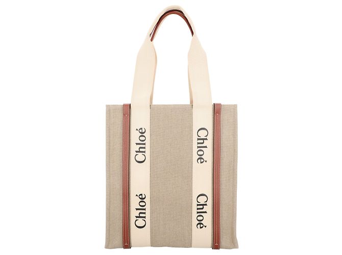 Chloé Woody Tragetasche aus Leinen und Leder Braun Beige - Ansicht 6